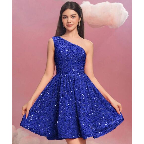 Girls Sz 14 Royal Blue Sparkly Sequin One Shoulder Lined Party Dress ALISA & LEO - Picture 1 of 6